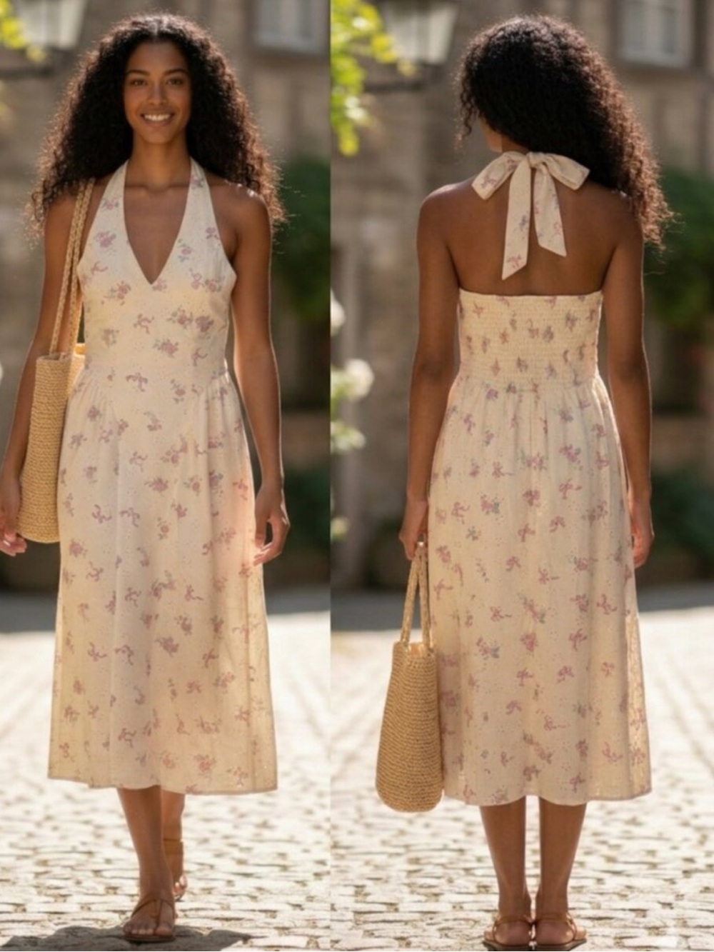 THIRTY/THIRTY L.A. Eyelet Halter Midi Dress Cottagecore  Bow Butter Yellow  S